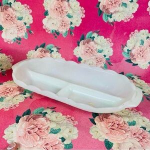 Vintage 70s 80s Milk Glass Divided Dish Long Scalloped Edge Catchall Dish Tray
